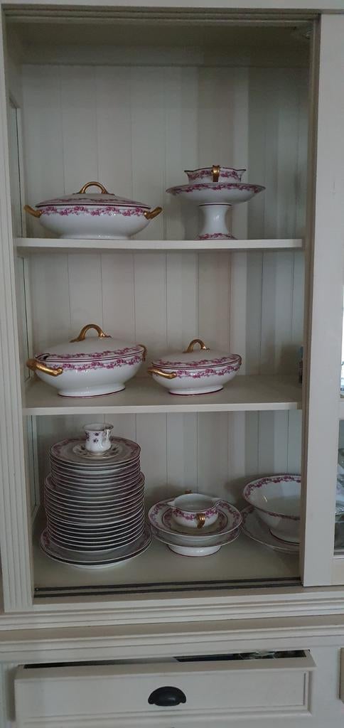 Grote set Limoges porseleinen servies, roze bloemmotief, Ophalen