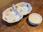 Antieke Tweelingschaal + 4 Mosa Schoteltjes. Porselein., Ophalen of Verzenden