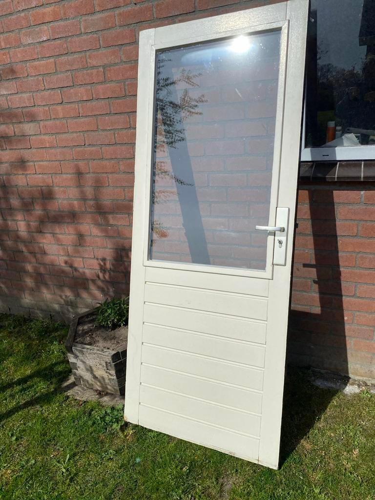 Zware hardhouten deur met dubbel glas, Doe-het-zelf en Verbouw, Deuren en Horren, Gebruikt, 80 tot 100 cm, Ophalen of Verzenden