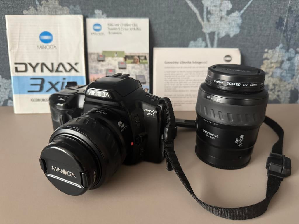 Minolta Dynax 3xi camera met 2 lenzen, filters, zonnekap tas, Ophalen of Verzenden, Gebruikt, Spiegelreflex, Minolta