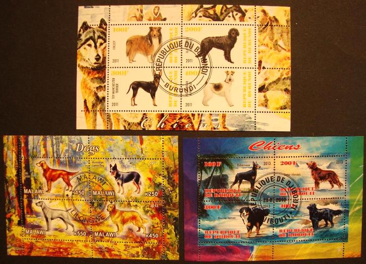 - 786 - 3 Blokjes met Div. Honden., Postzegels en Munten, Postzegels | Thematische zegels, Gestempeld, Dier of Natuur, Verzenden