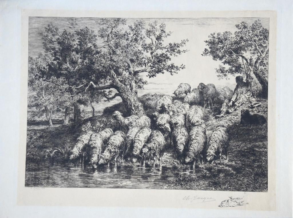 Charles Jacque ets 'De Schapen laten Drinken", gesigneerd, Antiek en Kunst, Kunst | Etsen en Gravures, Ophalen