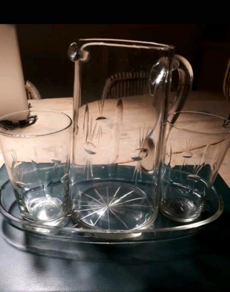 Antiek Glazen Waterstel met Karaf, Glazen en Dienblad, Ophalen