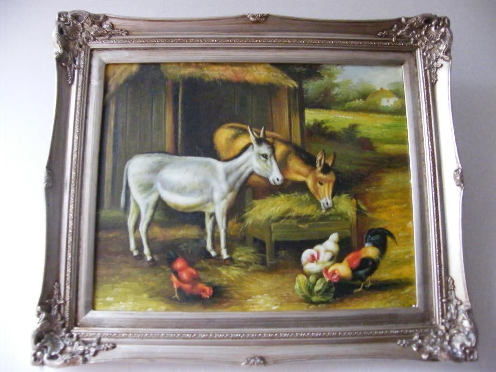 Schilderij Voedertijd op de boerderij - Olieverf, zilver, Antiek en Kunst, Kunst | Schilderijen | Klassiek, Ophalen of Verzenden