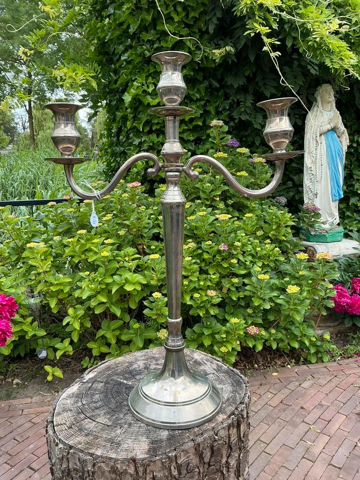 Grote oude zilverkleurige kandelaar ❤️ 3 arms, Antiek en Kunst, Antiek | Kandelaars, Ophalen of Verzenden