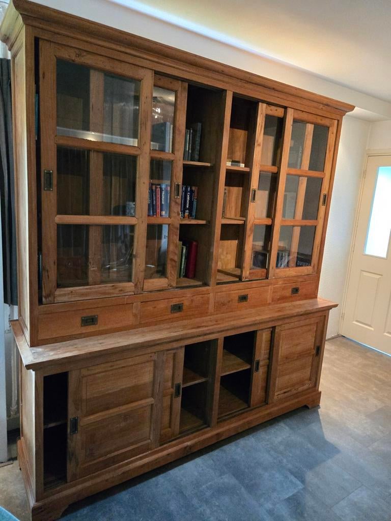 Massief teakhouten kast met schuifdeuren en lades, Huis en Inrichting, Kasten | Boekenkasten, Ophalen, 200 cm of meer, Teakhout