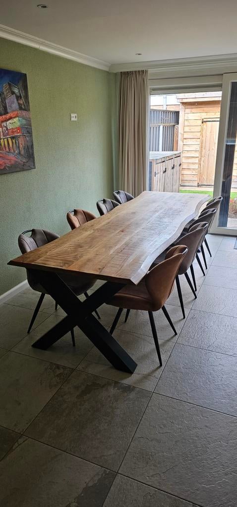 Luxe 300 cm mangohouten eettafel + 8 stoelen | Complete set, Huis en Inrichting, Tafels | Eettafels, Ophalen, 200 cm of meer, 50 tot 100 cm