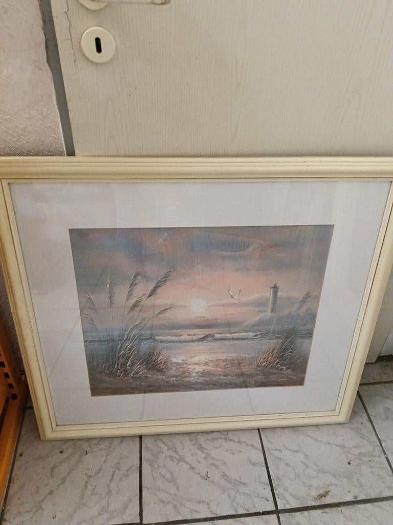 Schilderij met vuurtoren en zonsondergang aan zee, Ophalen