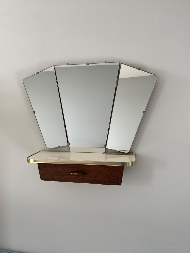 Vintage Teakhouten Drieluik Kapspiegel met Lade, Gebruikt, Minder dan 100 cm, Hout, 50 tot 100 cm