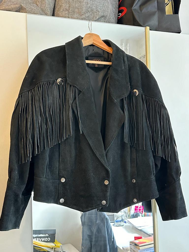 Vintage Zwart Suède Franje Jas - Maat M, Ophalen of Verzenden, Zo goed als nieuw, Maat 38/40 (M), Zwart