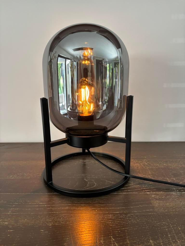 Tafellamp  Fischer & Honsel rookglas incl. ledlamp, Huis en Inrichting, Lampen | Tafellampen, Ophalen of Verzenden, Zo goed als nieuw