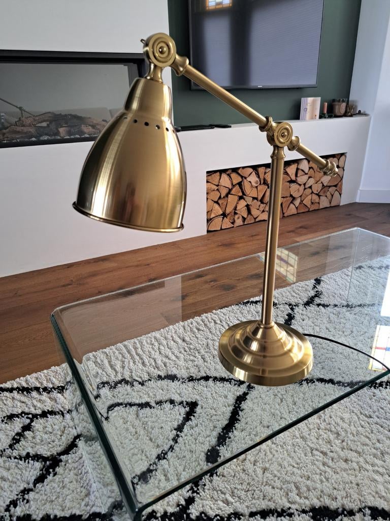 Gouden tafellamp met verstelbare arm, Ophalen, Zo goed als nieuw, Metaal, 50 tot 75 cm