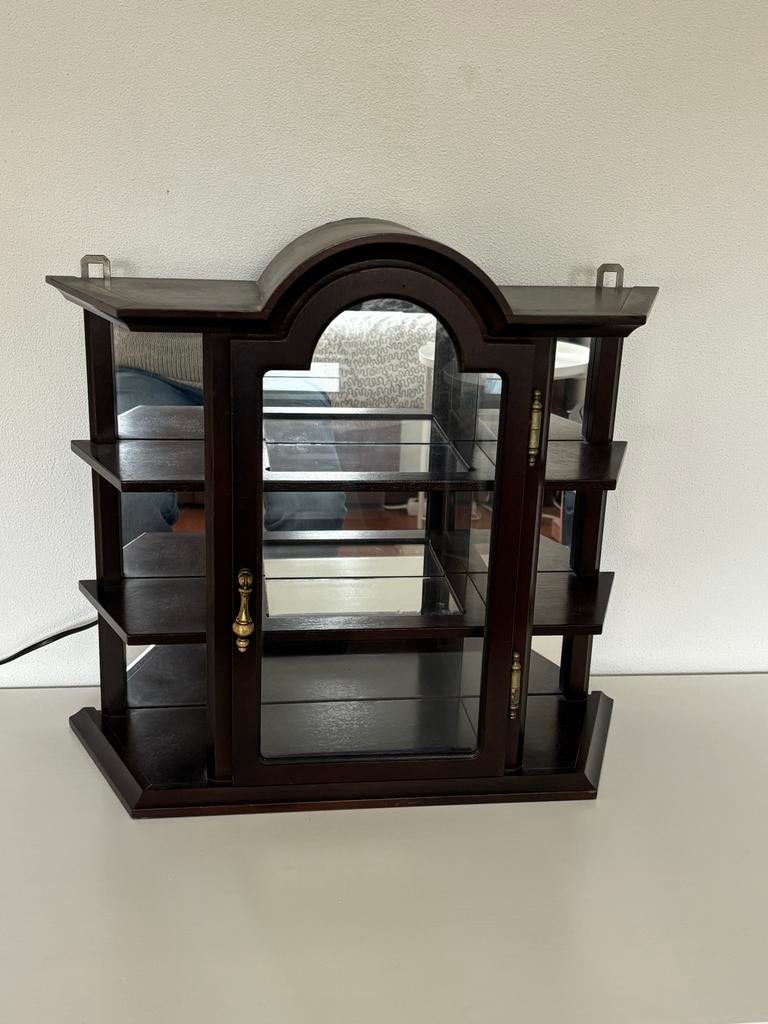 Vitrinekastje van hout met glas, licht en spiegelwand, Huis en Inrichting, Kasten | Vitrinekasten, Ophalen, Minder dan 50 cm, Klassiek