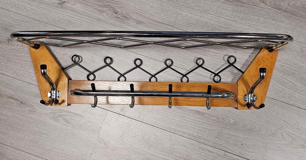 Antieke robuuste wandkapstok met 7 haken en plank