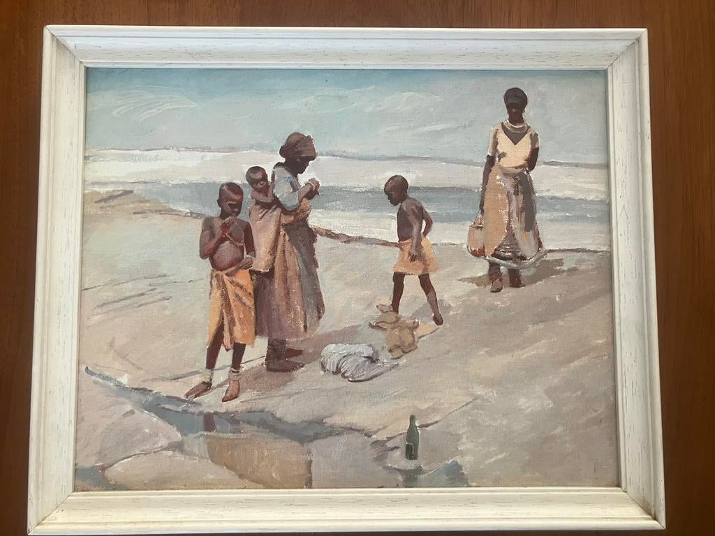 Schilderij met Afrikaans strand tafereel met figuren, Ophalen of Verzenden