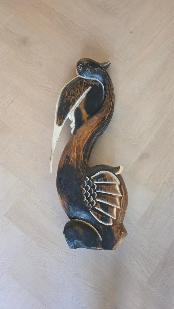 Houten pelikaan sculptuur, Antiek en Kunst, Kunst | Beelden en Houtsnijwerken, Houtsnijwerk, Hout, Vogel, 20 - 50 cm, Overige stijlen