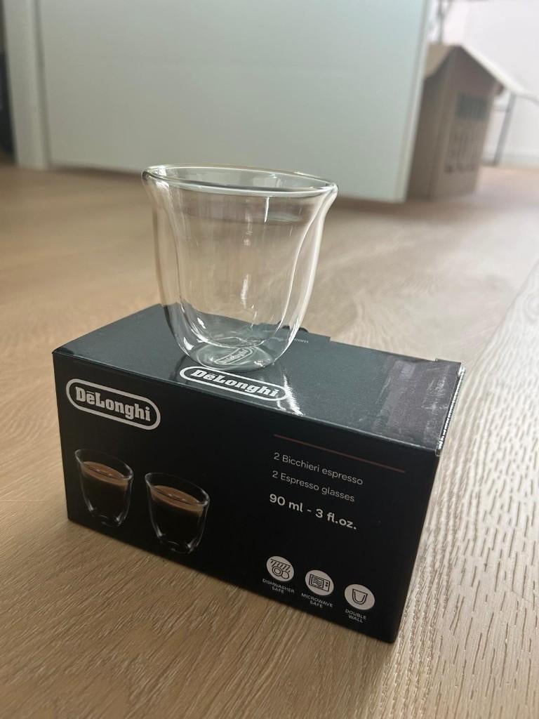 De'Longhi dubbelwandige espresso glazen 90 ml – set van 2, Glas of Glazen, Nieuw, Ophalen of Verzenden, Glas