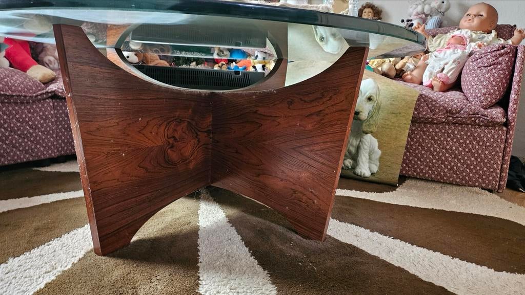 Vintage salontafel '70 glazen blad houten onderstel Teab, Huis en Inrichting, Tafels | Salontafels, Ophalen, Gebruikt, Rond, 50 tot 100 cm