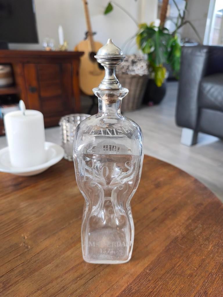 Antieke gegraveerde knijpfles glas Witte Anisette Bols, Antiek en Kunst, Antiek | Glas en Kristal, Ophalen of Verzenden