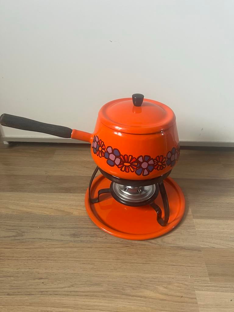 Vintage Oranje Fonduepan met Diane Bloemenpatroon d, Witgoed en Apparatuur, Fonduesets, Ophalen of Verzenden, Gebruikt, Brander