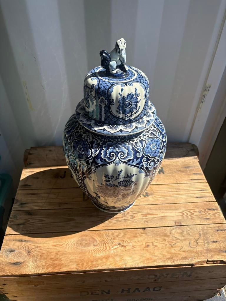 Grote Delfts Blauwe Gemberpot met Deksel en Foo Dog, Ophalen of Verzenden