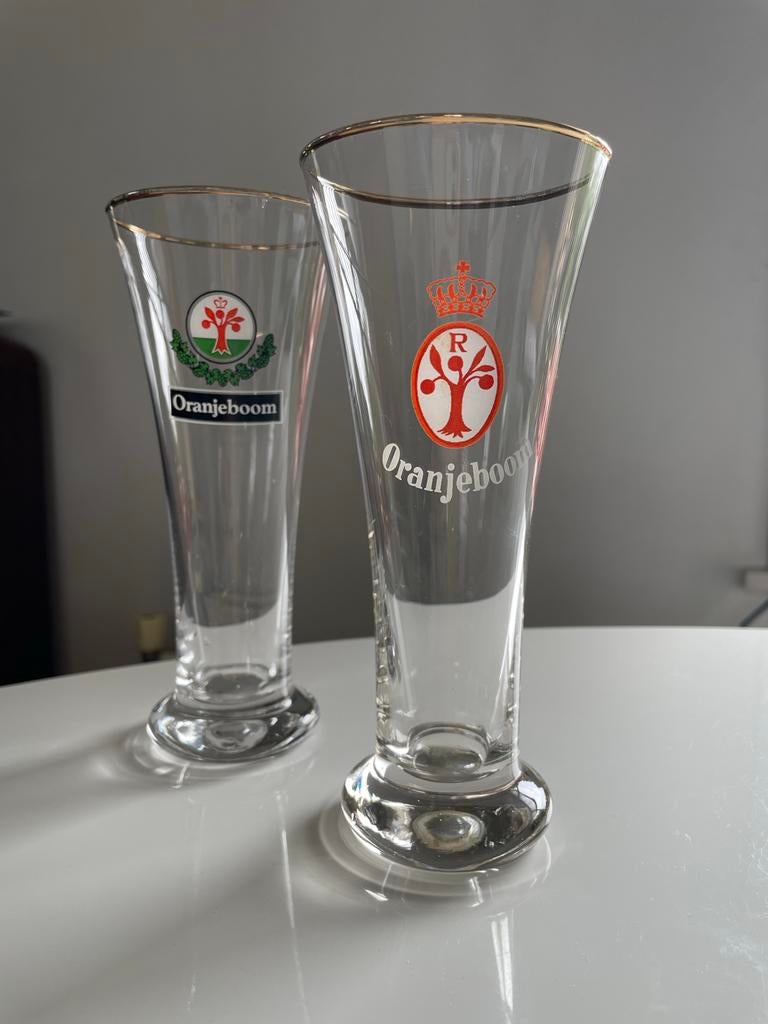 Oranjeboom bierglazen met gouden rand, set van 2, Verzamelen, Biermerken, Ophalen of Verzenden, Gebruikt, Glas of Glazen, Oranjeboom
