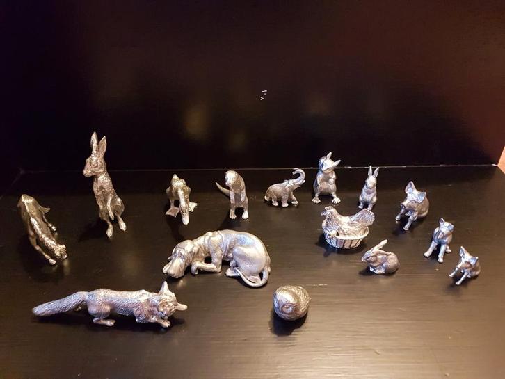 15 verzilverde miniaturen dieren., Verzamelen, Beelden en Beeldjes, Ophalen