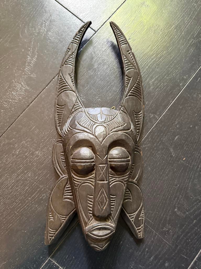 Vintage Afrikaans Houten Masker met Hoorns - Handgesneden, Antiek en Kunst, Ophalen