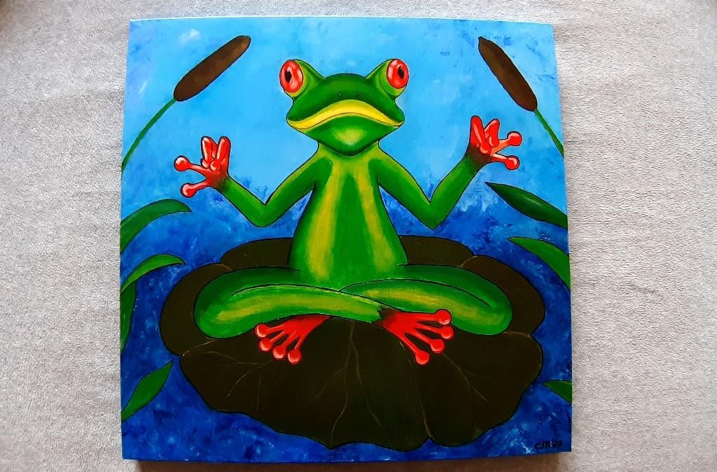 Schilderij Yoga Kikker  / Meditation Time 50x50 cm., Ophalen, 50 tot 75 cm, Nieuw, Schilderij