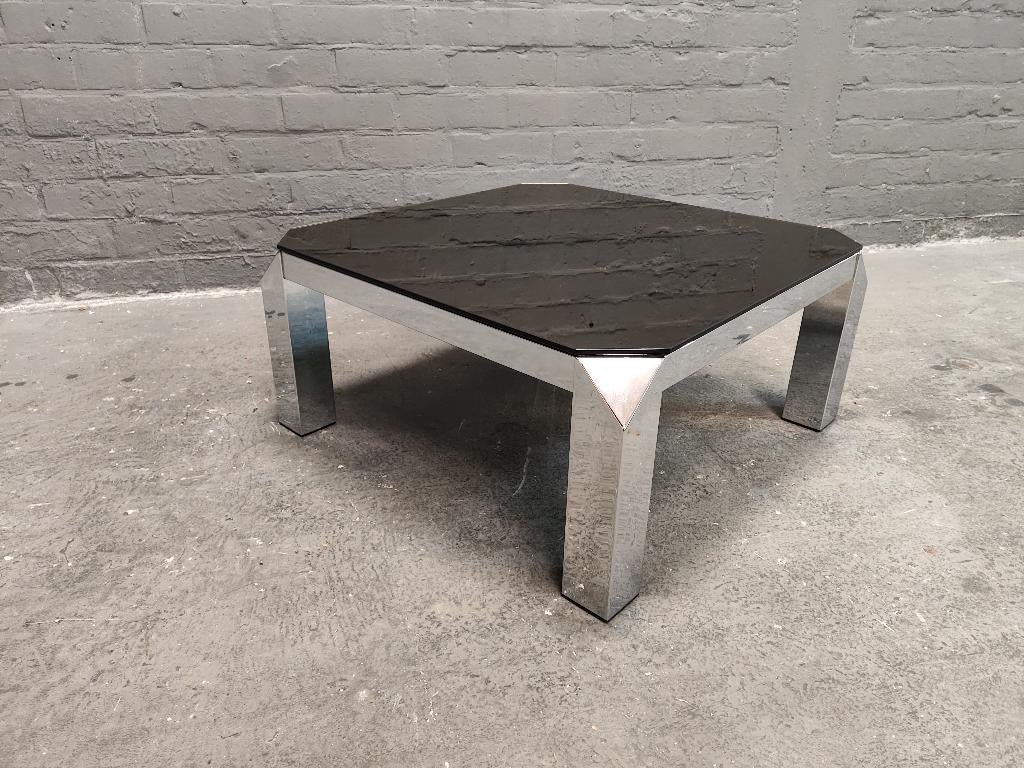 Belgo Chrom grote salontafel origineel spiegelglas 80x80cm, Ophalen, 100 tot 150 cm, 50 tot 100 cm, Glas