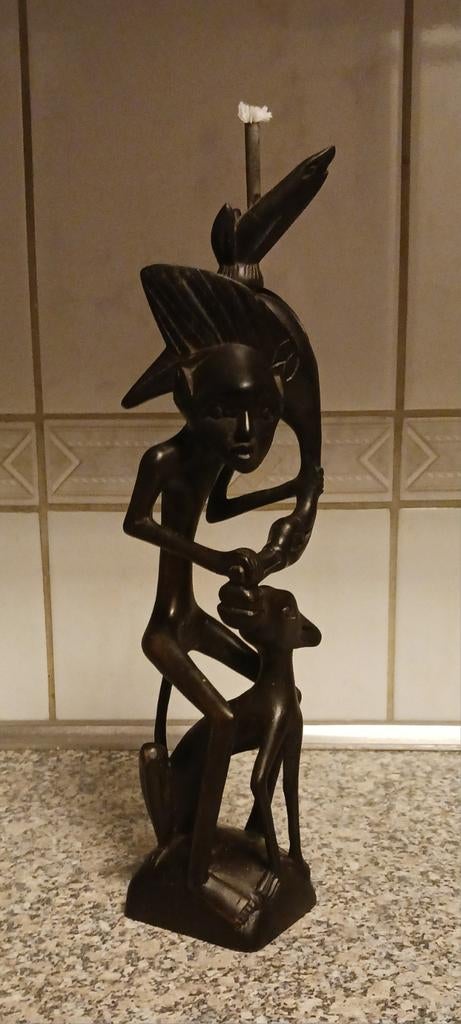 MAKONDE AFRICAN EBBENHOUTEN SCULPTUUR  ALS OLIELAMP 31 CM, Antiek en Kunst, Ophalen of Verzenden
