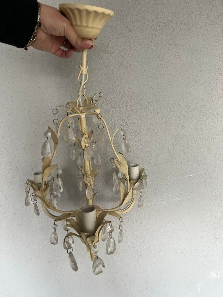 Vintage Kroonluchter met Kristallen - Crème Kleur, Ophalen, Gebruikt, Metaal