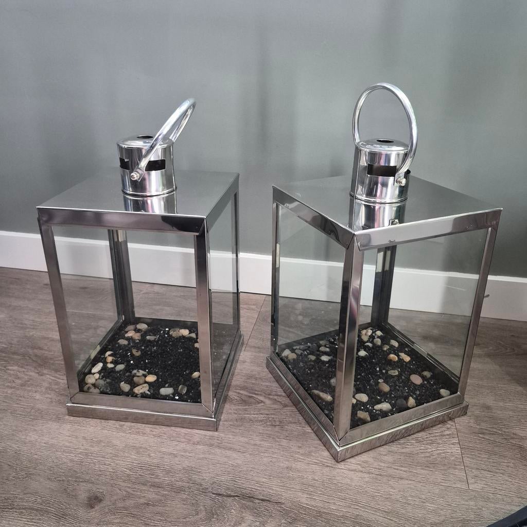 2x decoratieve windlichten van glas/RVS voor binnen/buiten, Overige materialen, Overige kleuren, 25 tot 50 cm, Ophalen of Verzenden