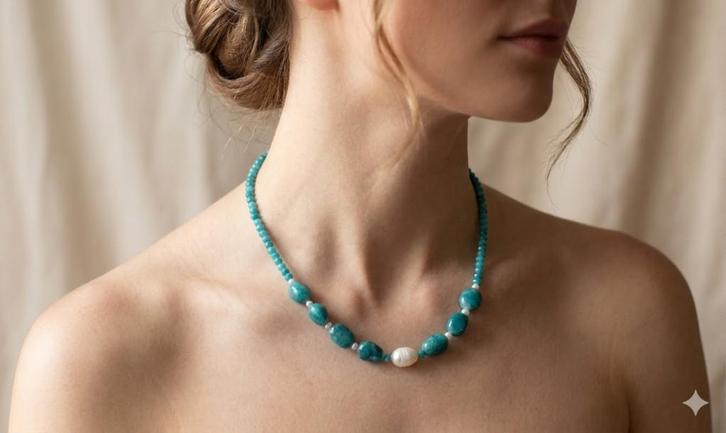 Exclusieve Ketting Apatiet Natuursteen Parel Handgemaakt, Sieraden, Tassen en Uiterlijk, Kettingen, Nieuw, Steen of Mineraal, Zilver