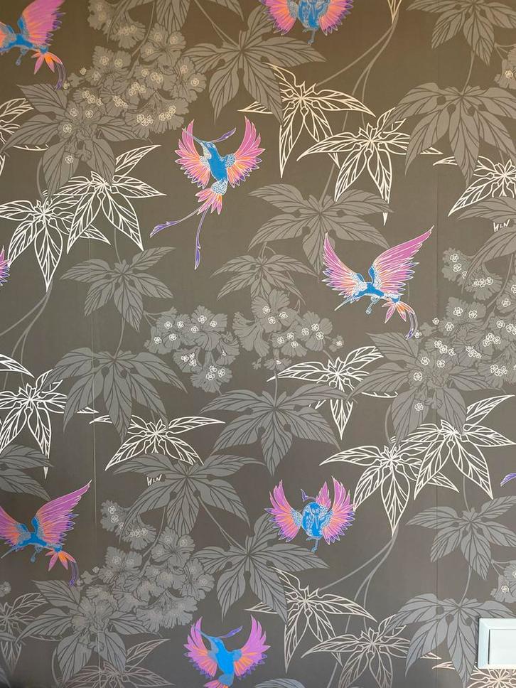 Osborne & Little Green Wall behang: taupe met vogels, Huis en Inrichting, Stoffering | Behang, Bruin, 10 tot 25 m², Ophalen of Verzenden