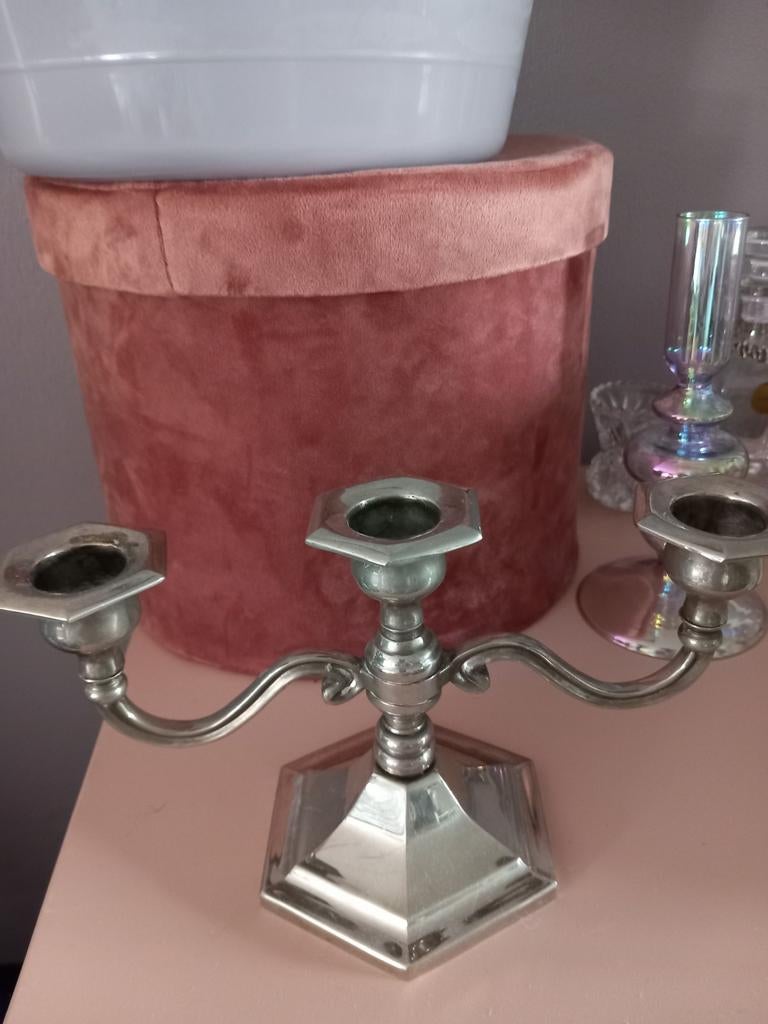 Zilverkleurige kandelaar met drie armen, Ophalen of Verzenden