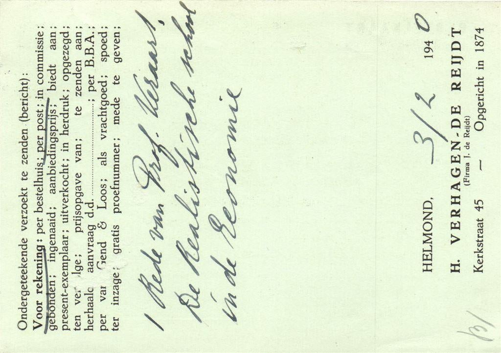 H. Verhagen-De Reijdt, Helmond - 02.1940 - bestelkaart, Ophalen of Verzenden, Briefkaart