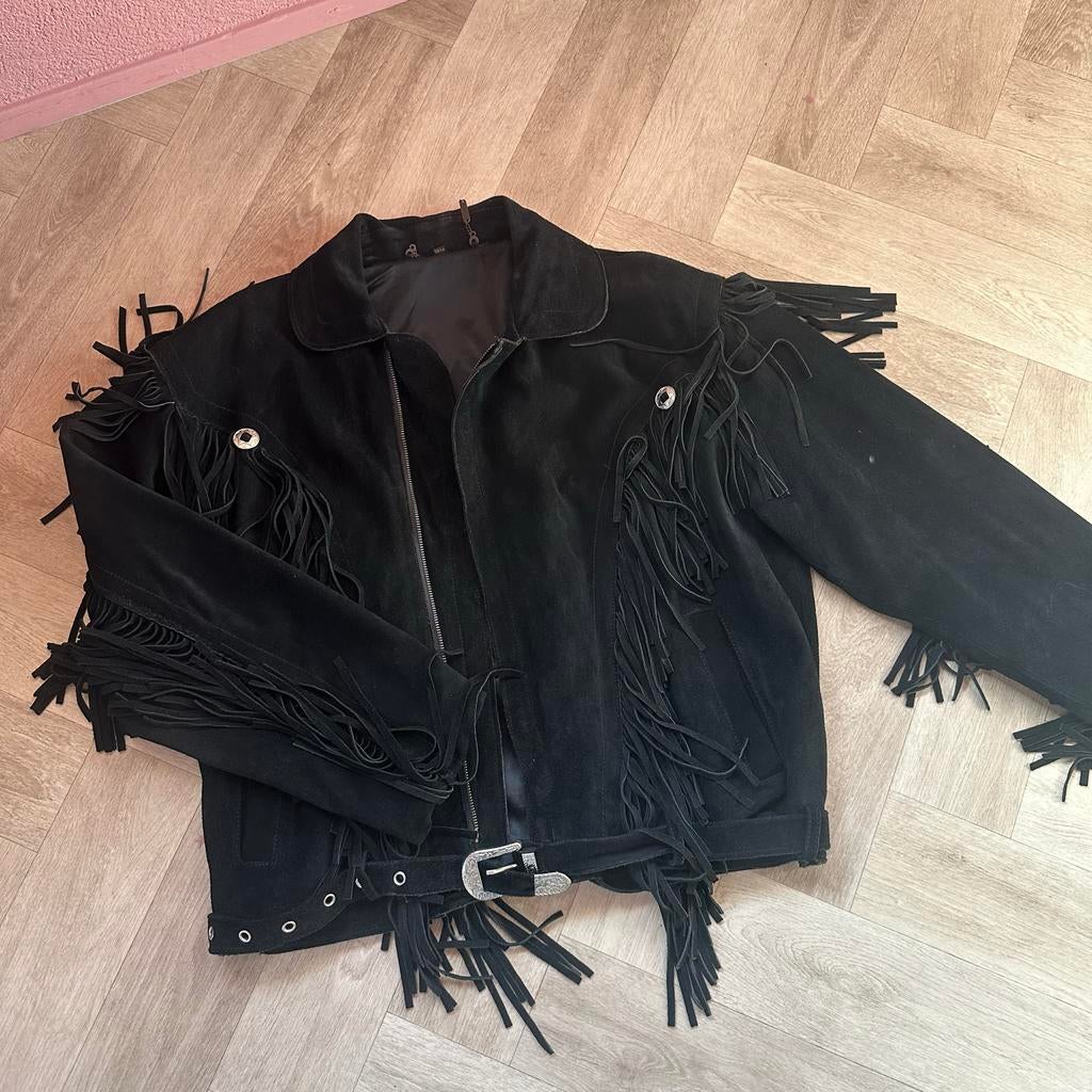Zwarte suède jas met franjes, Ophalen of Verzenden, Zo goed als nieuw, Maat 46/48 (XL) of groter, Zwart