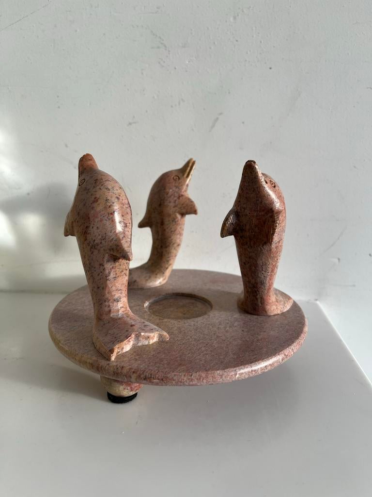 Vintage waxinelichthouder marmer/speksteen dolfijnen, Overige materialen, Gebruikt, Overige kleuren, Ophalen of Verzenden