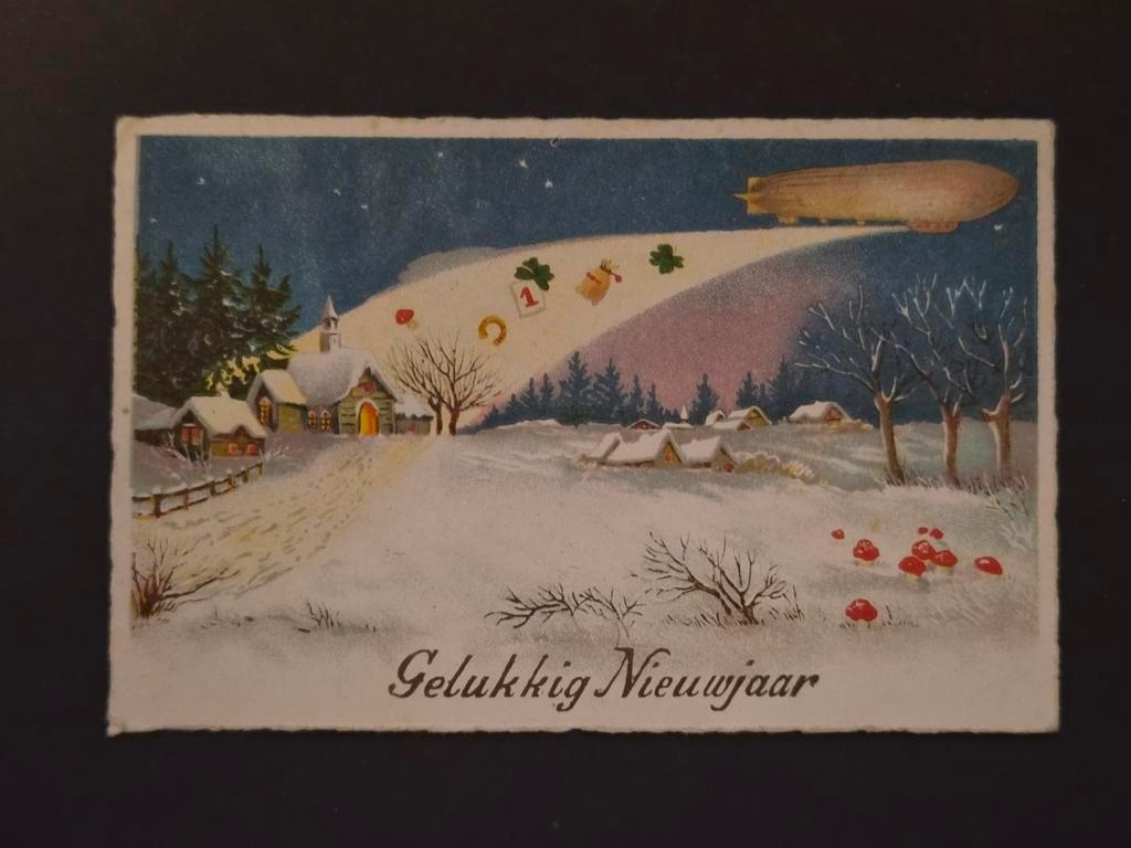 Oude Gelukkig Nieuwjaar Ansichtkaart 1947 met Zeppelin, Verzenden, 1940 tot 1960, Gelopen, Overijssel