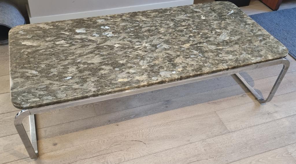 Vintage groene marmeren salontafel – chroom onderstel, Huis en Inrichting, Ophalen, Overige materialen, Gebruikt, 100 tot 150 cm