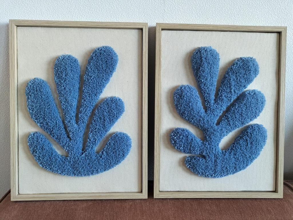 Wanddecoratie decoratie getuft schilderij in lijst blauw wol, Ophalen of Verzenden, Nieuw