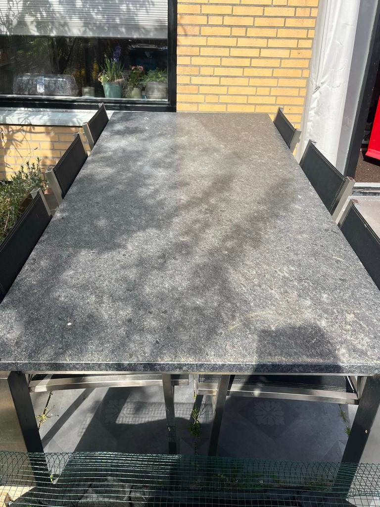 Stenen tuintafel met 6 stoelen, Ophalen, Gebruikt, Rechthoekig, Overige materialen