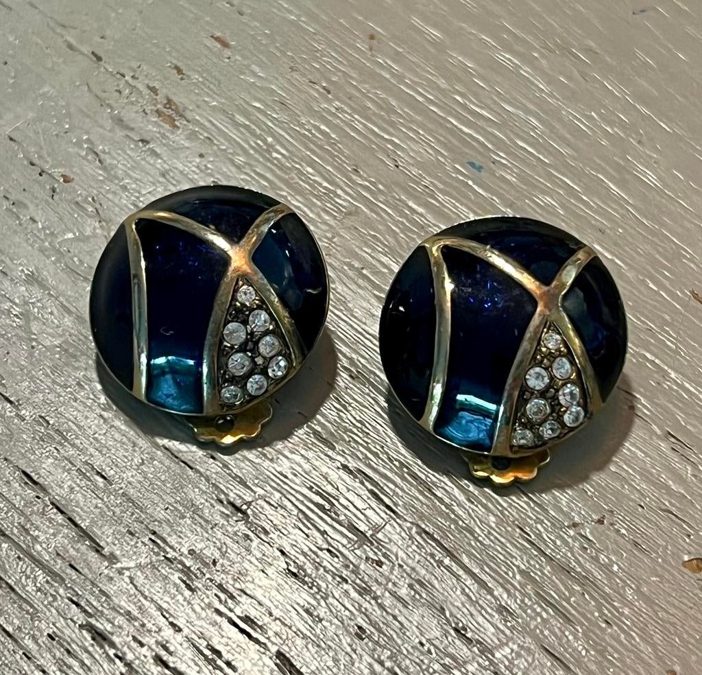 Vintage emaille goudkleur vergulde oorclips strass oorbellen, Overige materialen, Met strass, Ophalen of Verzenden, Zo goed als nieuw
