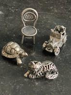 Vier zilveren vintage miniaturen schildpas auto stoel leeuw, Antiek en Kunst, Ophalen of Verzenden, Zilver