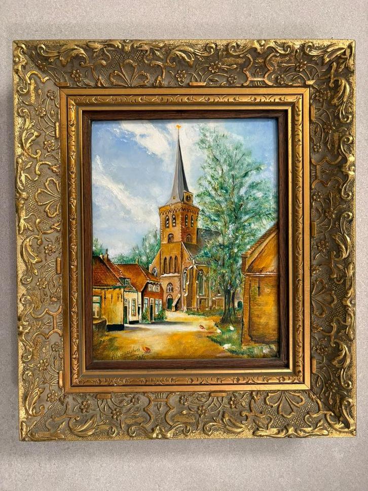 Dorpsstraat - Olieverfschilderij - 1986 - prachtige Lijst, Antiek en Kunst, Kunst | Schilderijen | Klassiek, Ophalen of Verzenden