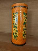 Vintage oranje geruite bus met zonnebloemen voor Verkade, Verzamelen, Blikken, Ophalen of Verzenden, Gebruikt, Koek(jes), Verkade