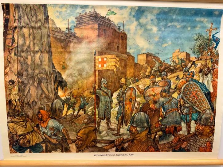 Historische schoolplaat Kruisvaarders voor Jeruzalem 1099, Antiek en Kunst, Antiek | Schoolplaten, Geschiedenis, Ophalen of Verzenden