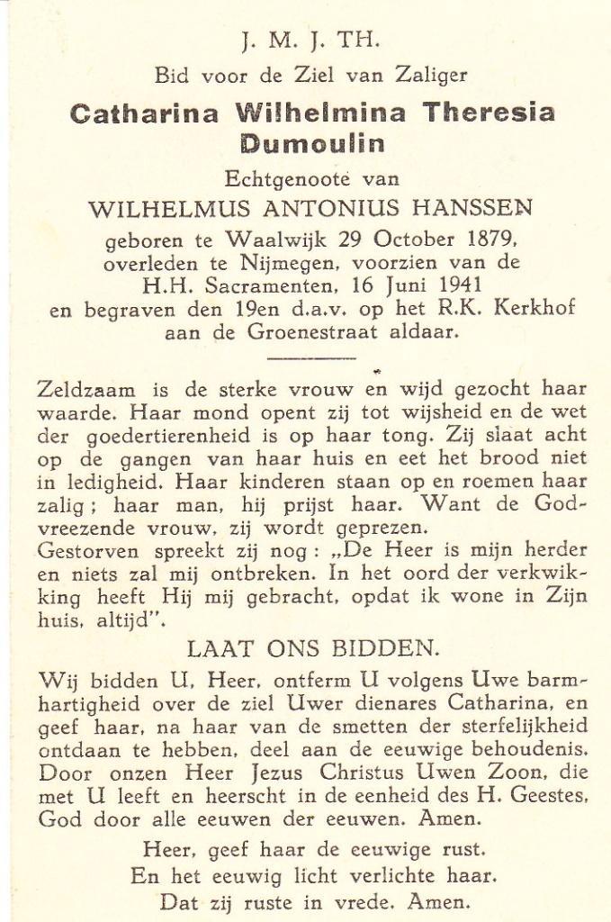 Waalwijk 1879 Nijmegen 1941 Catharina Dumoulin, Verzamelen, Bidprentjes en Rouwkaarten, Bidprentje, Ophalen of Verzenden