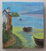 Leuk schilderij op steigerhout: Uitzicht op zee, 28,5x32,5cm, Ophalen of Verzenden